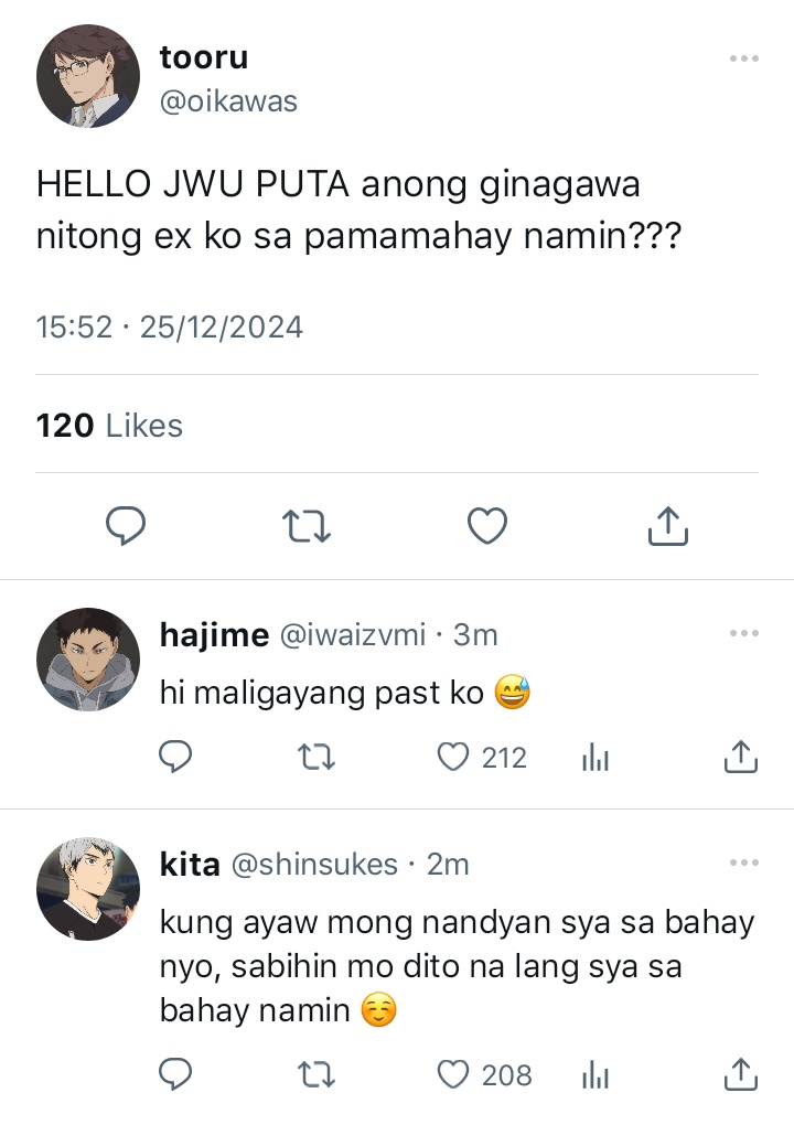 ilawrizaki's tweet photo. ✧ #iwaoi filo socmed au !

wherein ininvite ni mamita (oikawa tooru's mom) si iwaizumi hajime (oikawa tooru's ex) para makikain ng tirang handa nila from noche buena. https://t.co/WLN1ZNoxAg