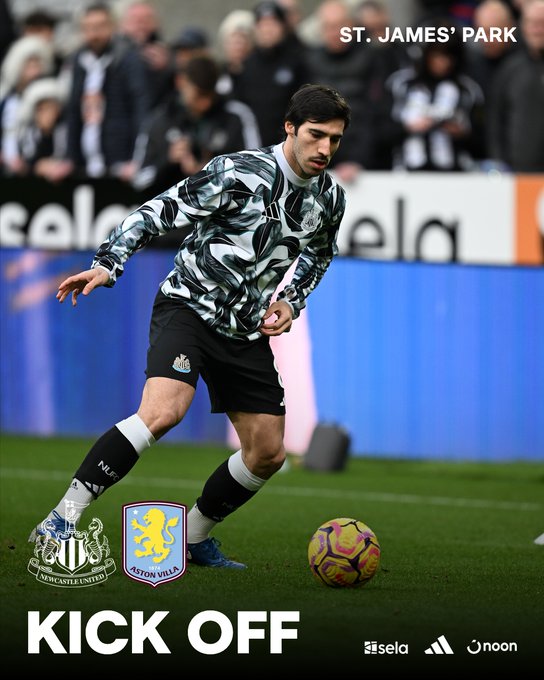 Kick off | Newcastle United v Aston Villa. Featuring a picture of Sandro Tonali warming up.