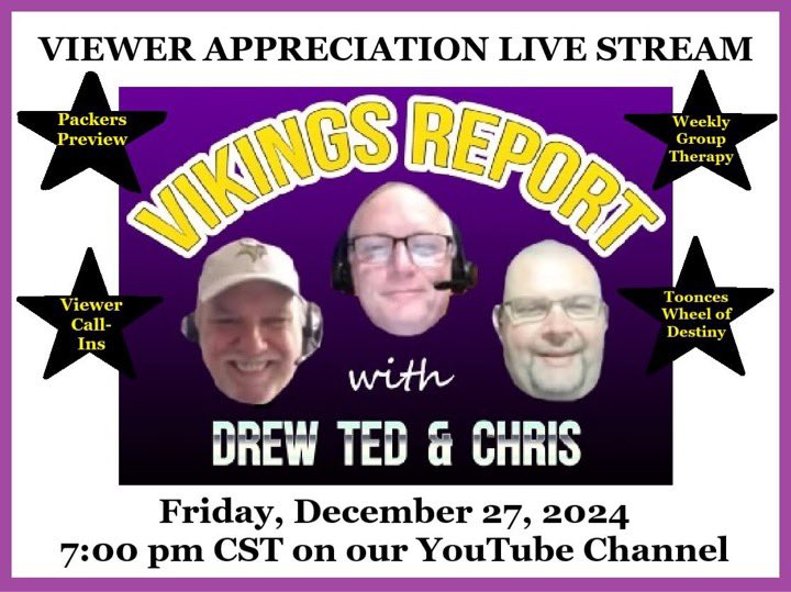 Ted Glover (@purplebuckeye) on Twitter photo A programming note for this week’s <a href="/ReportTed/">Vikings Report with Drew Ted & Chris</a>: No studio show this week, but we are doing a live preview and viewer appreciation show tomorrow at 7 PM CT. We’ll do a prize giveaway, take calls, answer live chat questions, and preview the Packers game. Join us! #Skol #Vikings A programming note for this week’s <a href="/ReportTed/">Vikings Report with Drew Ted & Chris</a>: No studio show this week, but we are doing a live preview and viewer appreciation show tomorrow at 7 PM CT. We’ll do a prize giveaway, take calls, answer live chat questions, and preview the Packers game. Join us! #Skol #Vikings