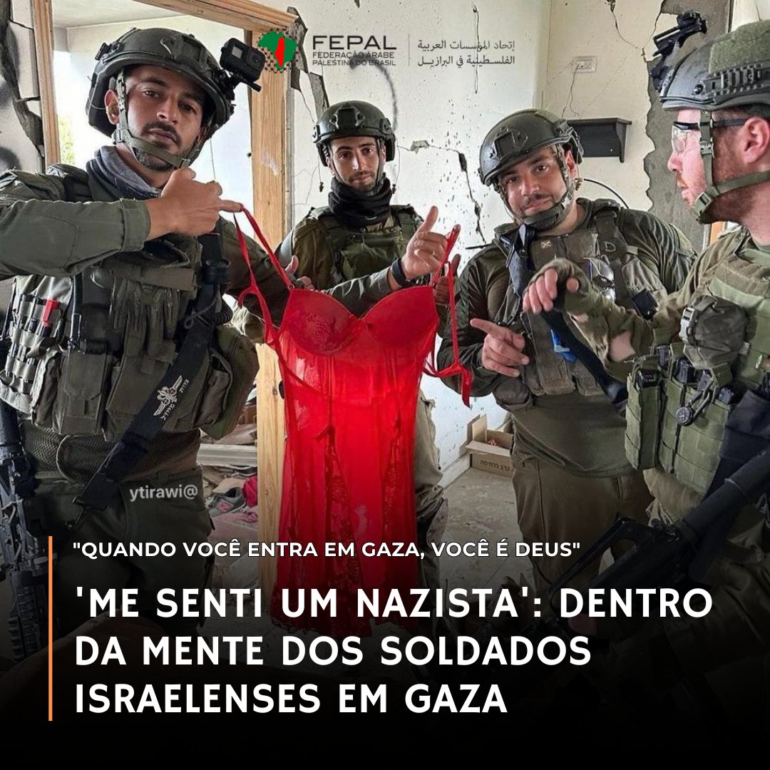 FepalB's tweet photo. “Eu me senti como um nazista… parecia exatamente como se nós fôssemos realmente os nazistas e eles fossem os judeus.”

"Não havia uma alma nas ruas, apenas um garotinho de 4 anos brincando na areia em seu quintal. O comandante agarra o garoto e quebra seu braço e perna. Pisou em seu estômago três vezes e foi embora. Ele [comandante] me disse: 'Essas crianças precisam ser mortas desde o dia em que nascem.' Quando um comandante faz isso, torna-se legítimo."

🗞️ 'Você vira um deus quando entra em Gaza': o que pensam os soldados israelenses que cometem crimes de guerra. Leia na íntegra no site da FEPAL: https://t.co/JXWQdtb84b