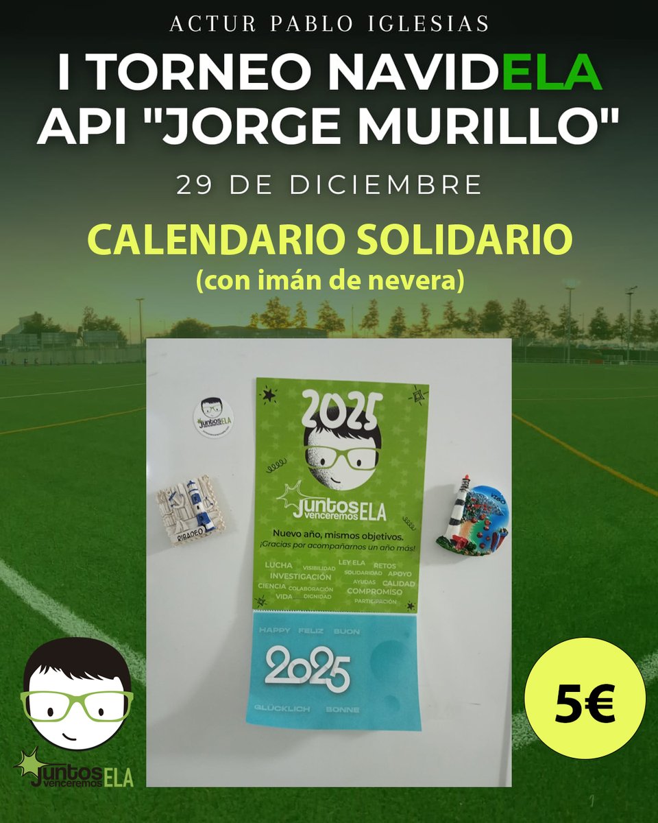 ⚽ I Torneo NavidELA "API - Jorge Murillo" ⚽ 

Domingo 29 de diciembre 
11:00 
CMF Actur Pablo Iglesias 

🍀 No te quedes sin tu calendario solidario 🍀

#TorneoNavidELA #TorneoNavidELAJorgeAPI #JuntosvenceremosELA