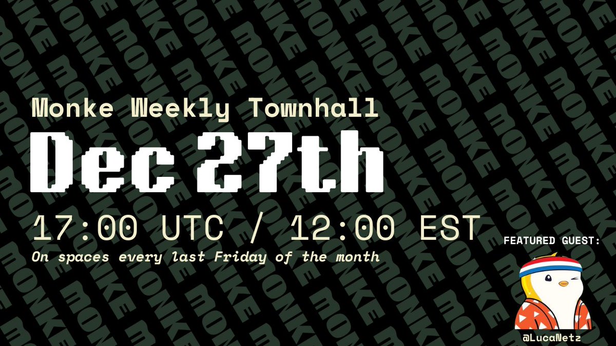 MonkeDAOπ (@monkedao) on Twitter photo We are down to the last Townhall of the year
This week, we are happy to welcome <a href="/LucaNetz/">Luca Netz π§β³οΈ</a> join us for some Monke Business & to share more about <a href="/pudgypenguins/">Pudgy Penguins</a> π§
To celebrate, we will be running exclusive PENGU raffles for Townhall attendees
Set your reminders now π We are down to the last Townhall of the year
This week, we are happy to welcome <a href="/LucaNetz/">Luca Netz π§β³οΈ</a> join us for some Monke Business & to share more about <a href="/pudgypenguins/">Pudgy Penguins</a> π§
To celebrate, we will be running exclusive PENGU raffles for Townhall attendees
Set your reminders now π