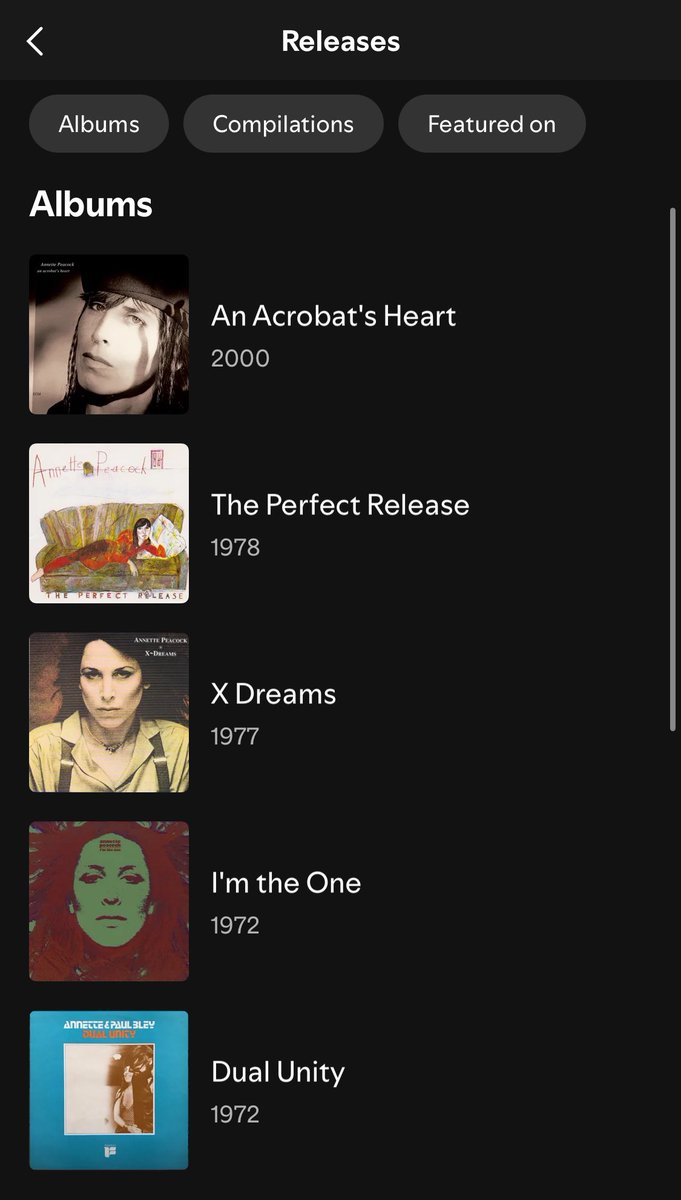 [occasional crossposts only here now, follow me on Bluesky for the real deal] If you treat Spotify as a library, this is Annette Peacock’s discography. Read about all the missing albums here: dadadrummer.substack.com/p/the-unclassi…