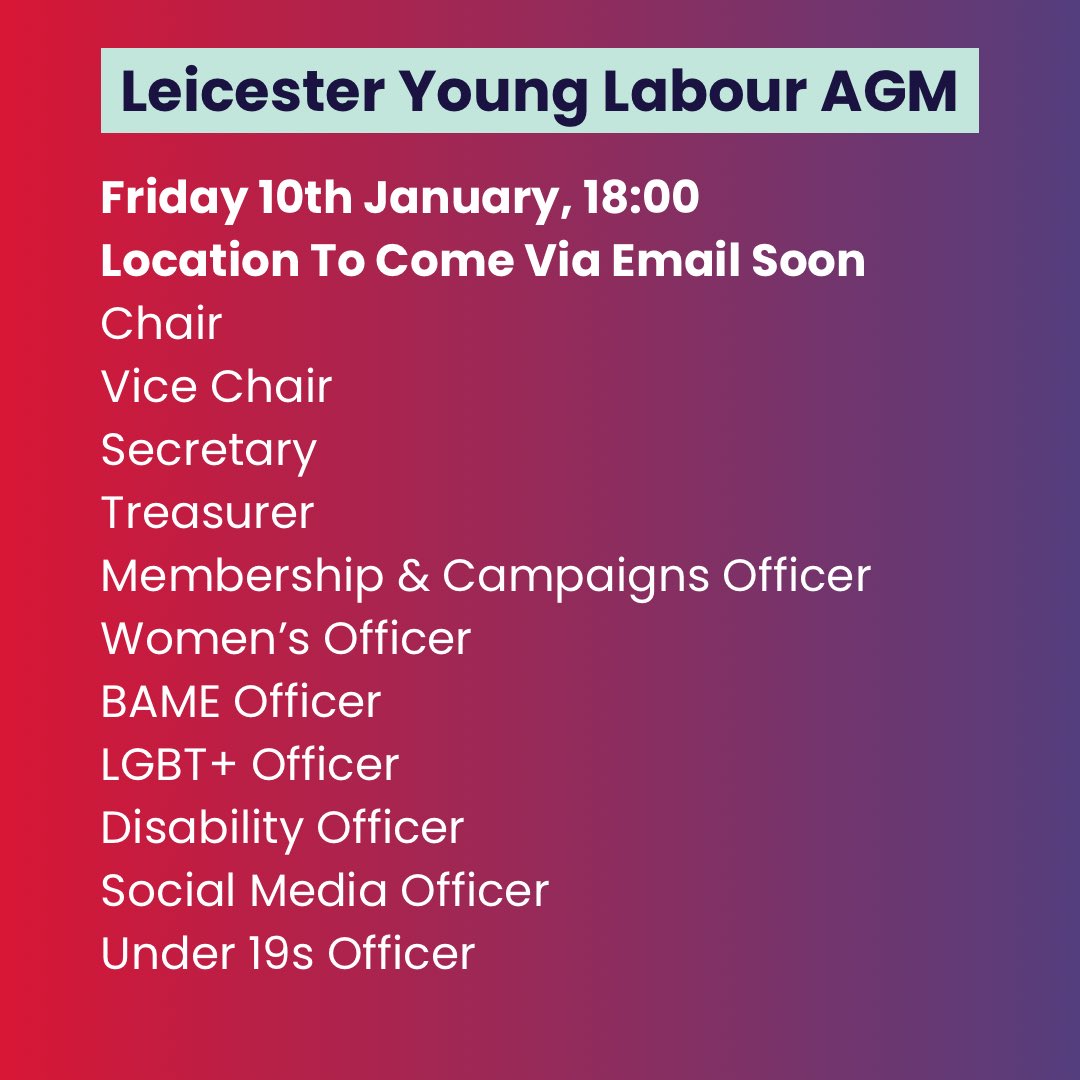 Annual General Meeting | All young Labour members in Leicestershire should receive further information by email soon!
Please send any expressions of interests to leicesteryl@gmail.com or DM us!