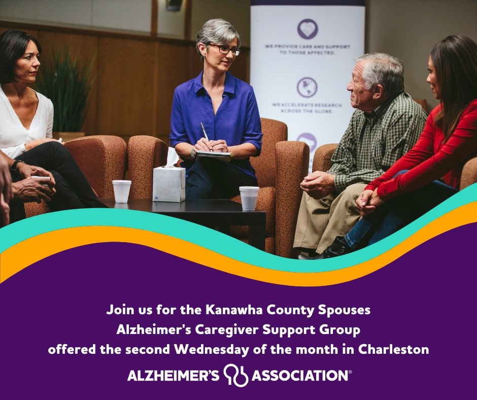 Kanawha County spouse caregivers: We have a support group for you. It meets at 12 pm on the 2nd Wednesday of the month at the Alzheimer's Association WV Chapter, 1601 2nd Ave. in Charleston. Call 800.272.3900 to sign up. Learn more at bit.ly/alzwvsupport. #ENDALZ