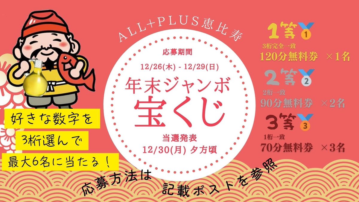ALL+PLUS〜オールプラス恵比寿〜中の人👶 (@all_plus_eb_05) on Twitter photo ⛩️年末ジャンボ宝くじ開催💸
🥇1等120分無料券×1 (完全一致)
🥈2等90分無料券×2 (2桁一致)
🥉3等70分無料券×3 (1桁一致)
📨応募条件📩
①下記をフォロー
<a href="/all_plus_eb_05/">ALL+PLUS〜オールプラス恵比寿ルーム〜中の人👶</a>
<a href="/all_plus_eb_06/">【公式】ALL+PLUS(オールプラス)恵比寿ルーム</a>
②このツイートをいいね、RP
③好きな数字を3桁ポスト
締切 12月29日(日) 迄‼️
当選発表🎉12月30日(月)🎉 ⛩️年末ジャンボ宝くじ開催💸
🥇1等120分無料券×1 (完全一致)
🥈2等90分無料券×2 (2桁一致)
🥉3等70分無料券×3 (1桁一致)
📨応募条件📩
①下記をフォロー
<a href="/all_plus_eb_05/">ALL+PLUS〜オールプラス恵比寿ルーム〜中の人👶</a>
<a href="/all_plus_eb_06/">【公式】ALL+PLUS(オールプラス)恵比寿ルーム</a>
②このツイートをいいね、RP
③好きな数字を3桁ポスト
締切 12月29日(日) 迄‼️
当選発表🎉12月30日(月)🎉