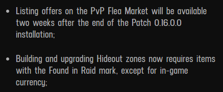 stankRat_'s tweet photo. Taking risks is good; last wipe's economy was trash (hard to tell what element impacted the economy the most - probably the dupers, and buying and selling vendor stock, eft:arena, etc.). EFT:Arena linkage for sure hastened progression (imo, that needs to be nerfed heavily), but I still feel that a flea lock will shaken up wipe enough to make it much more interesting other than just unlocking meta in 10 hours to gear diff timmies - which would've contributed to more casuals moving over to PvE than some flea lock, tbh. But, those 10 hours are now extended. The Mosin Mans are back.

And... Really... MOST of the casual players have already moved to PvE long ago; so those blanket statements of "casuals will just leave the game," and "nail in the coffin" type shit, is just noise. Any casual player still playing PvP is playing the mode for spontaneity and the inability to predict every moment - those casuals will NOT move to PvE; PvE is too predictable and boring.

The FIR hideout change is rough... imho, needed. We are playing a survival FPS looter-extraction game with RPG elements; doesn't matter how you rearrange each term but looting is part of the game. And, you can target farm every barter item with relative ease. Ask @RNGingy , she literally knows where everything spawns. You realistically didn't have to loot much in Tarkov to progress and I think that's a fundamental issue - so the change requiring FIR items for hideout progression is good one. But, that's my opinion, and time will tell if the populace agrees.

With all this being said, I feel that many players will acquire a more enriched progression experience over the course of wipe than before. Give it a chance. Who knows, maybe nobody will like it, including me, and everything will just go back to normal several months from now.

Also, I have a feeling that wipes will now last a year with the new prestige system. I hope I'm wrong. I better be wrong. Six months at MOST for future wipes; not wiping the game regularly is bad - just like IRL. Don't let it crust.

#EscapefromTarkov