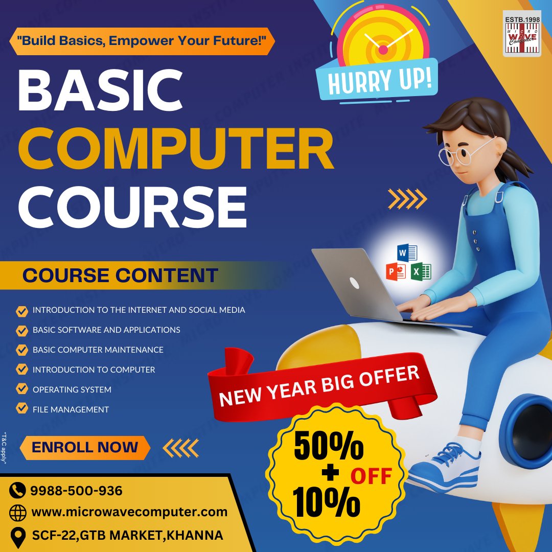 mwc_98's tweet image. 💻 Master 𝗰𝗼𝗺𝗽𝘂𝘁𝗲𝗿 𝗯𝗮𝘀𝗶𝗰𝘀 now! Enroll today and get 50% + 10% OFF. Your journey to success starts here! 🚀✨
📲Call for more information-99885-00936
📌SCF-22, GTB Market, Khanna
#basiccomputercourse #TechSkills #computertraining #microwavecomputer #khanna