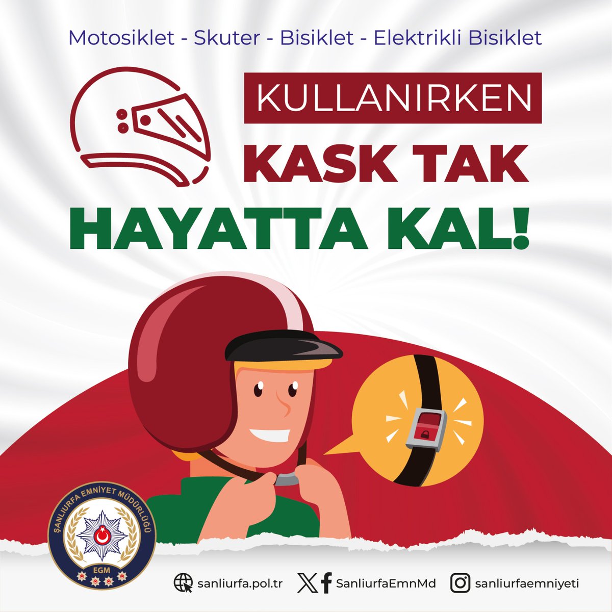 SanliurfaEmnMd's tweet photo. Bisiklet, skuter, elektrikli bisiklet ve motosikletlerde koruyucu başlık kullanımı kaza sonucu ölüm ve ağır yaralanma riskini %45 AZALTMAKTADIR.
🏍️🛵🪖🚴🏻♀️🛴
Bir Otomobil İçin Emniyet Kemeri Neyse, Motosiklet İçin Kask Odur !
Kaskını Tak, Riski Azalt ‼️
#YolVerHayata
#Kask
#HuzUrfa