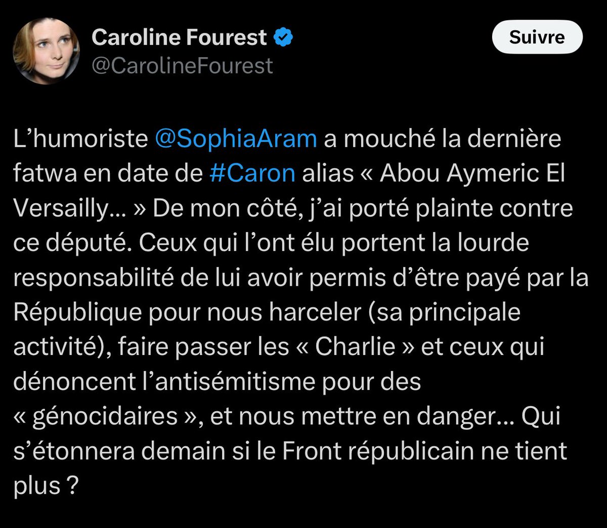 Ah ne manquait plus que la sérial-menteuse Fourest dans la vague de harcèlement que le Printemps (anti) Républicain et ses copains-copines ont décidé de lancer contre moi à l’occasion de Noël (ils font ça régulièrement).

Après Aram, Banon, Wargon, aidés par le facho Goldnadel,