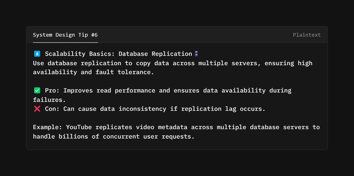 abhip_me's tweet image. 💡System Design Tip #6:
Scalability Basics: Database Replication
I post System Design basic tips every day! Follow for more.
#SystemDesign #DatabaseReplication #HighAvailability