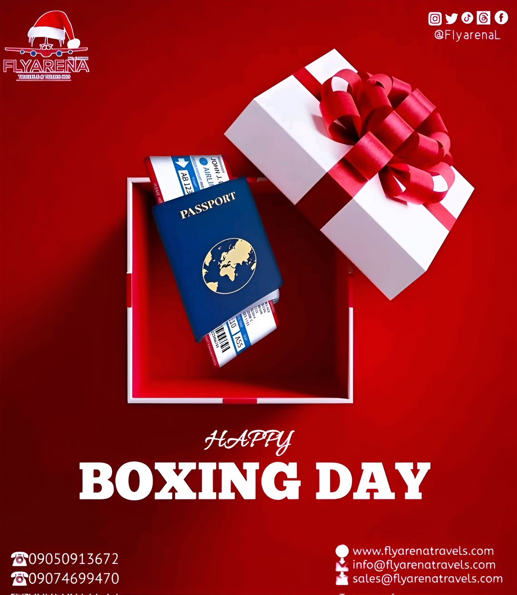 FlyarenaL's tweet photo. May the spirit of the celebration remain with us even after the season. Happy Boxing Day🎄🎁

From all of us at Flyarena Travels and Tours Ltd 

#HappyChristmas2024 #happyboxingday #boxingday #abujatravelagent #Abuja #localflightschool #localflight #internationalticket #Lagos https://t.co/pcnjYXkjAs