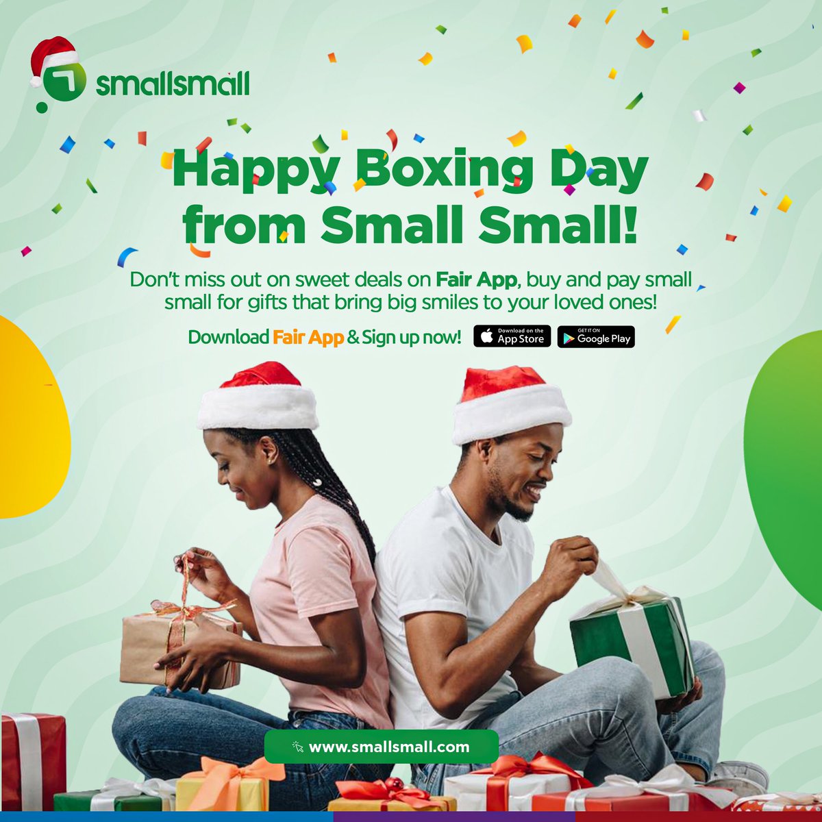 smallsmallhq's tweet photo. Boxing Day 2024! 🎁
Don’t miss out on sweet deals on Fair App, buy & pay small small for gifts that bring big smiles to your loved ones!
Take advantage of our sweet Holiday discounts to shop now!
📌Download the ‘Fair App’ now to start shopping.
#fairapp #BoxingDay2024 https://t.co/eFgKfy9Qqe