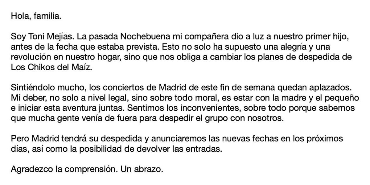 Sobre los conciertos de Madrid este finde. 

Comunicado de urgencia: