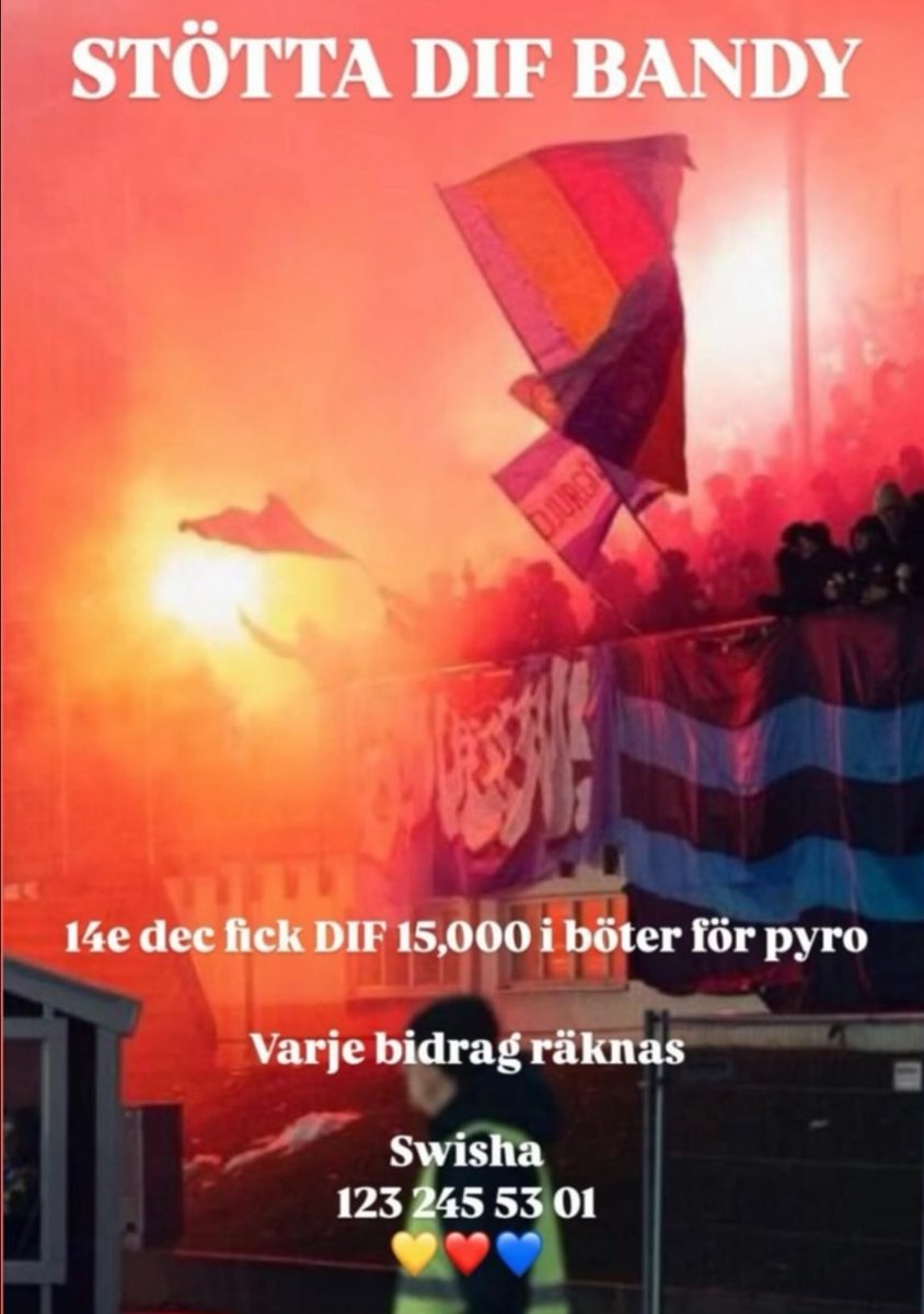 DIF Bandy fick en saftig böter på 15 000kr för pyroteknik på ÖIPen den 14e. 
Har ni möjlighet att swisha en peng så hjälper det!
Swish - 123 245 53 01
