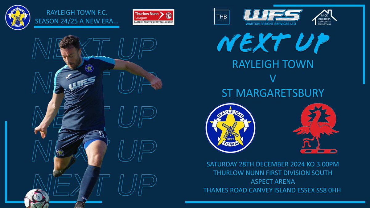 🔵 NEXT FIXTURE 🔵 
This Saturday we have our final game before the New Year as we play host to <a href="/StMargaretsbury/">St Margaretsbury FC</a>
🏆 Thurlow Nunn FDS
📅 Saturday 28th December 
⏰ 3pm KO
🏟️ Aspect Arena, Thames Road, Canvey Island SS8 0HH
🎟️ £5 Adults, £3 Concessions