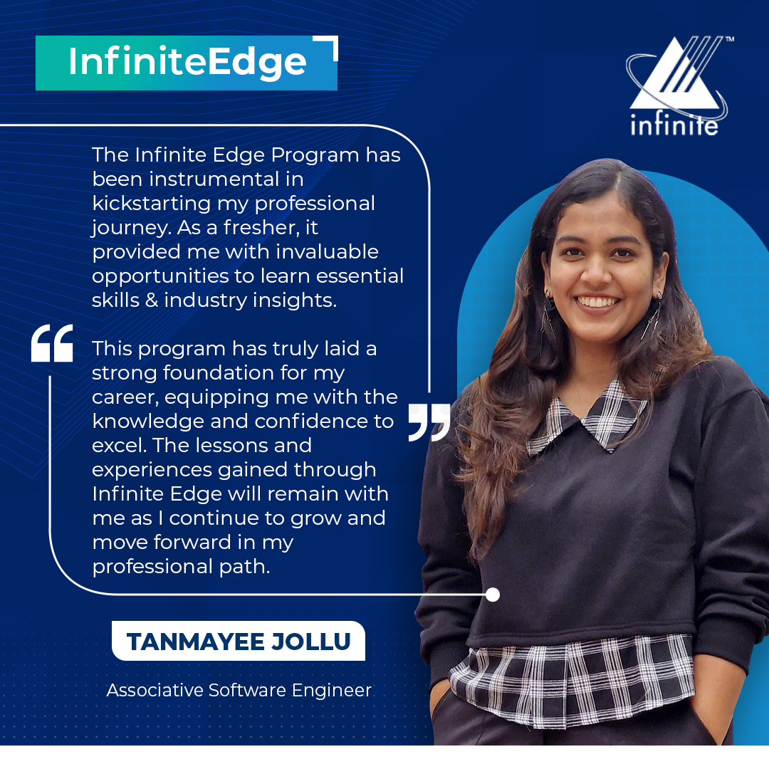 InfiniteOFCL's tweet photo. We are delighted to feature Tanmayee Jollu in our latest InfiniteEdge spotlight. Join us in celebrating her accomplishments and the continuous impact of InfiniteEdge Program in shaping bright careers.
#infiniteedge #employeespotlight #growthmindset #infinitepossibilities https://t.co/cvjFTFQEno