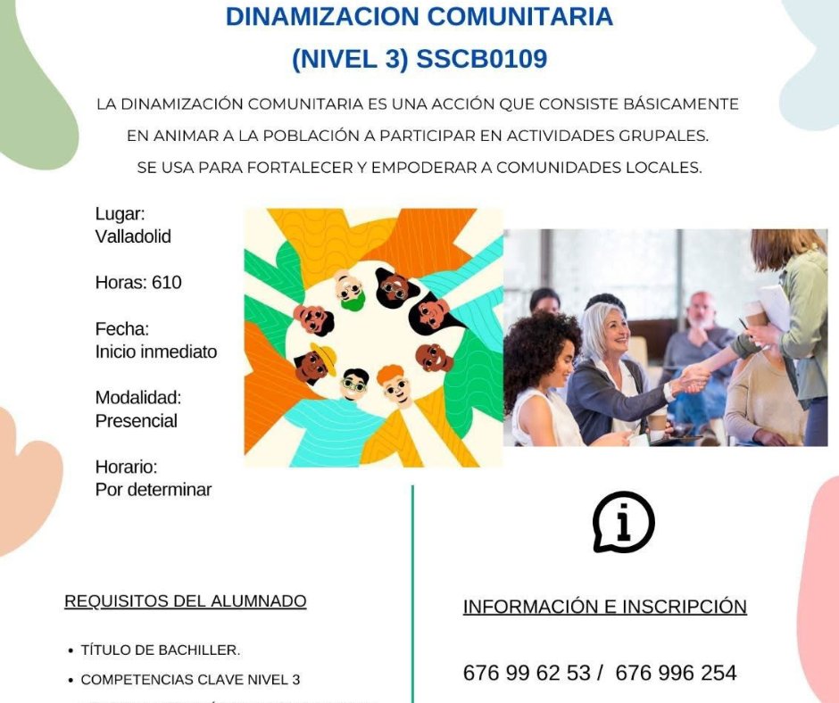 𝑪𝑼𝑹𝑺𝑶 𝑮𝑹𝑨𝑻𝑼𝑰𝑻𝑶👌
⏩Dinamización comunitaria⏪

📅Comienzo inmediato
🕑610 horas
👩‍🏫Presencial, titulación: bachillerato o competencias claves nivel 3
🕹Valladolid
📲676 996 253
📲676 996 254
No pierdas esta oportunidad de dar un impulso a tu carrera profesional.