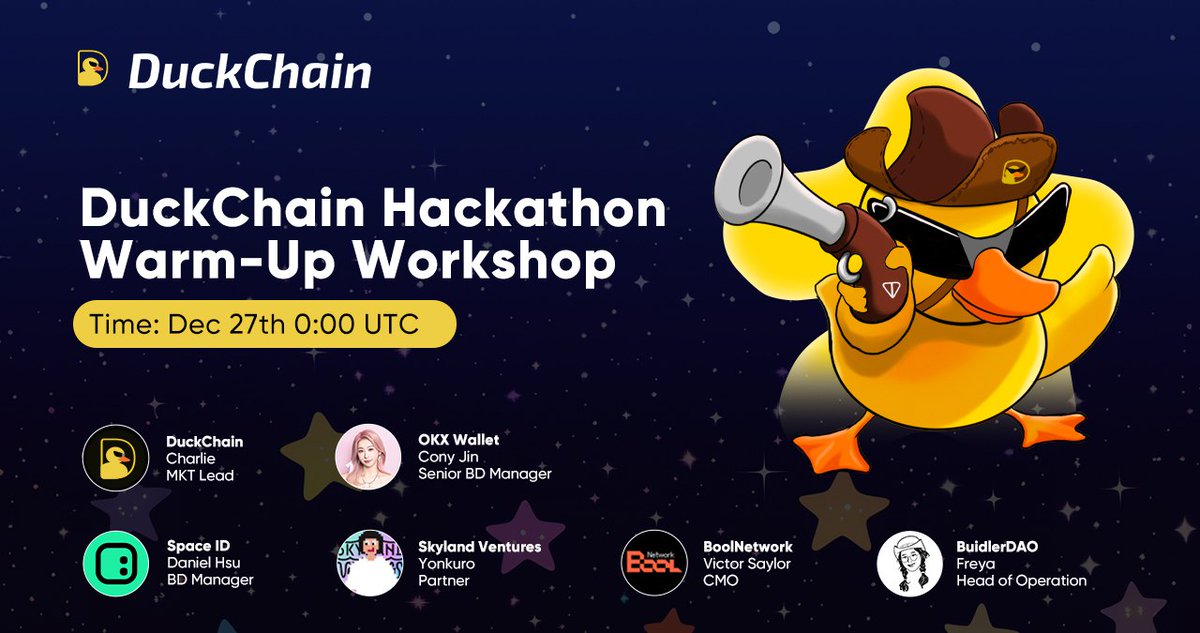 DuckChain (@duck_chain) on Twitter photo The Yellow Duck Mission DuckChain Hackathon Warm-Up Workshop is about to kick off! 🦆✨
We’re glad to have our hackathon co-host <a href="/wallet/">OKX Wallet</a>, investor @SkylandVC, and ecosystem partners <a href="/SpaceIDProtocol/">SPACE ID</a>, <a href="/bool_official/">Bool Network</a>, and <a href="/BuidlerDAO/">BuidlerDAO</a> joining this exciting workshop.
⏱️ Time: Dec The Yellow Duck Mission DuckChain Hackathon Warm-Up Workshop is about to kick off! 🦆✨
We’re glad to have our hackathon co-host <a href="/wallet/">OKX Wallet</a>, investor @SkylandVC, and ecosystem partners <a href="/SpaceIDProtocol/">SPACE ID</a>, <a href="/bool_official/">Bool Network</a>, and <a href="/BuidlerDAO/">BuidlerDAO</a> joining this exciting workshop.
⏱️ Time: Dec
