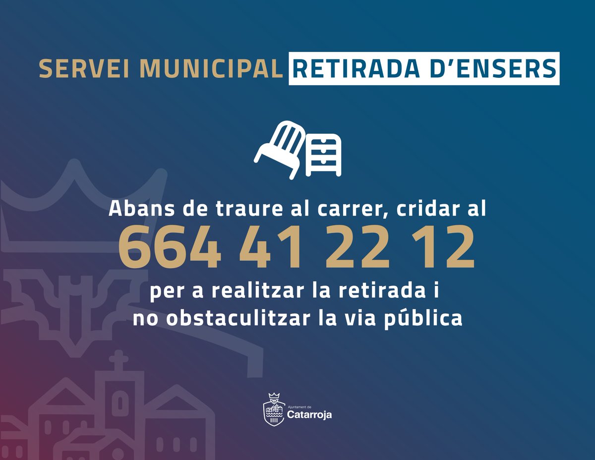 ajuntcatarroja's tweet image. 🪑| Retirada d'ensers
ℹ️ Recordem que està a la disposició de la ciutadania el servei municipal de retirada d'ensers.
📞 664 41 22 12
---
🪑| Retirada de enseres
ℹ️ Recordamos que está a disposición de la ciudadanía el servicio municipal de retirada de enseres.
📞 664 41 22 12