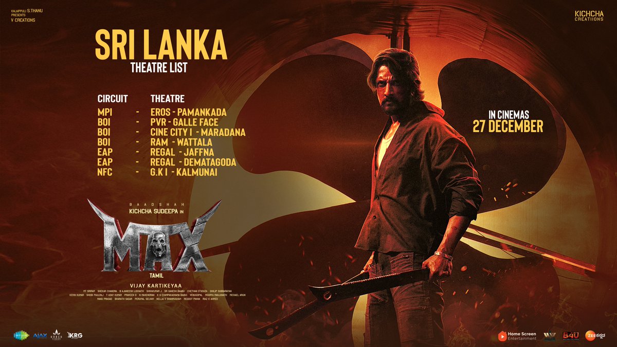 homescreenent's tweet photo. Suspense, action, and mass entertainment await! ๐ #Max is releasing tomorrow in Sri Lankan theatres. Book your tickets today!
#MaxFromTomorrow #Kichcha46 #Kiccha46
@KicchaSudeep @varusarath @samyuktahornad @WAGLESUKRUTHA @suneeltollywood #VijayKarthikeyaa @Kichchacreatiin @theVcreations @AJANEESHB @shekarchandra71 @saregamasouth #saregamakannada @ZeeKannada @KRG_Connects @B4UMotionPics @Max_themovie