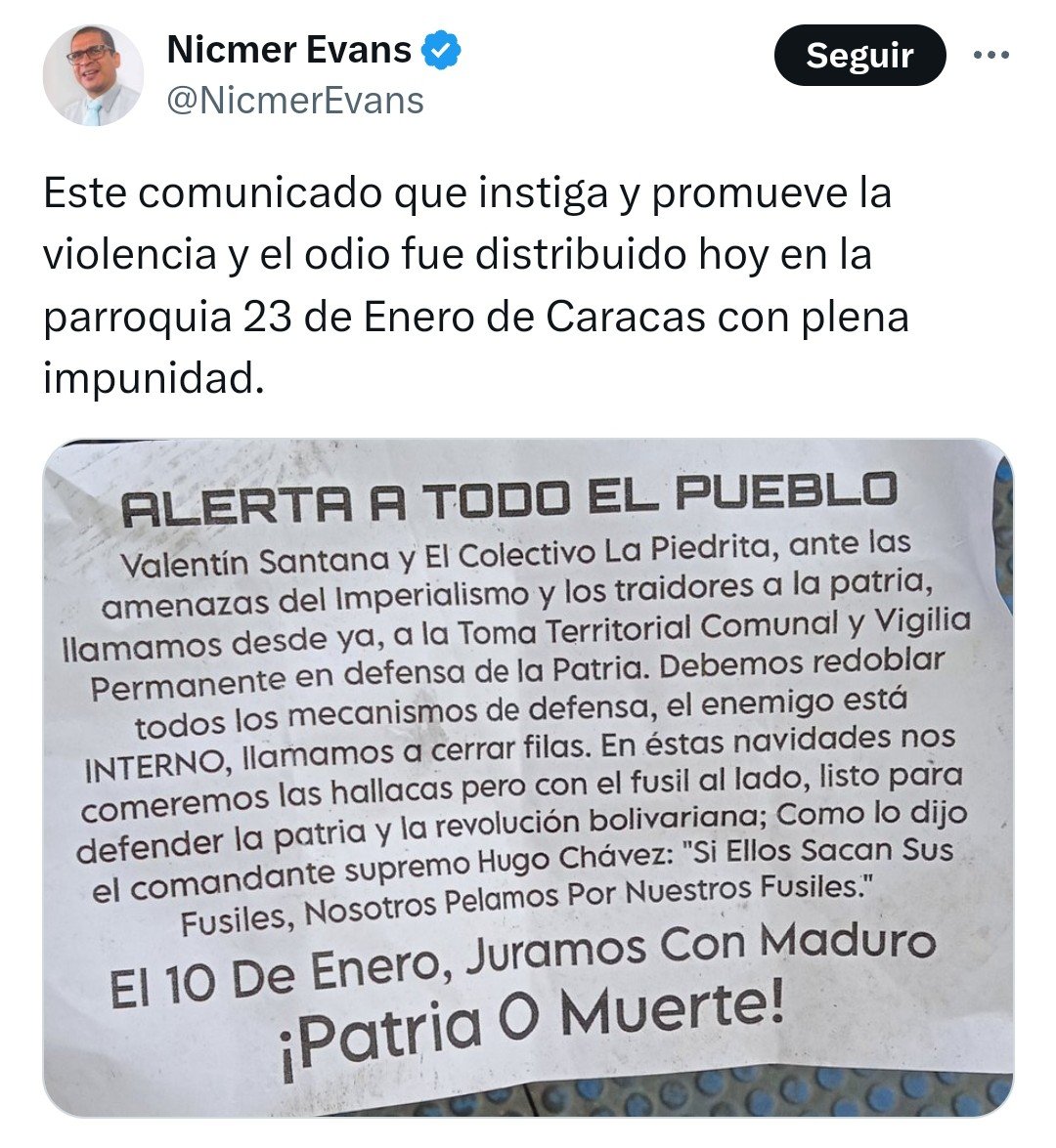 No veo la promocion del odio en ningún lado, llaman a defender la patria de enemigos internos y externos.
El 10 de Enero y todos los días, habrá millones de fusiles en la calle, 
para la defensa de Venezuela.
Se ponen a invocar "guerra civil" y se asustan con un comunicado?