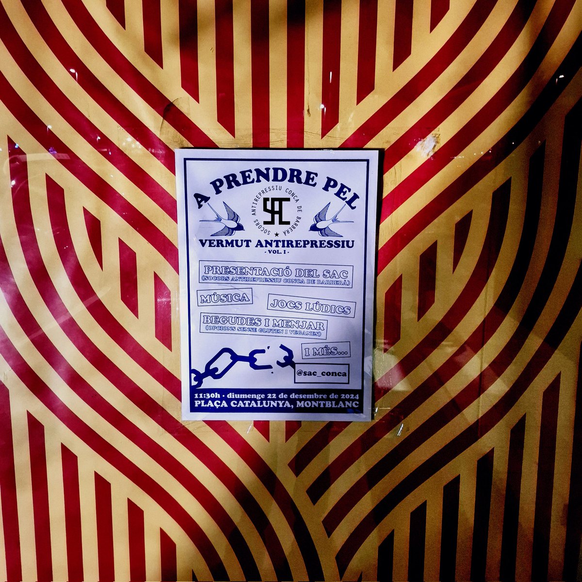 A PRENDRE PEL SAC! (VOL. I) ⛓️‍💥
El diumenge 22 de desembre de 2024 va tindre lloc el primer acte públic del Socors Antirepressiu Conca de Barberà (SAC). 
#SacConca #ConcaDeBarberà