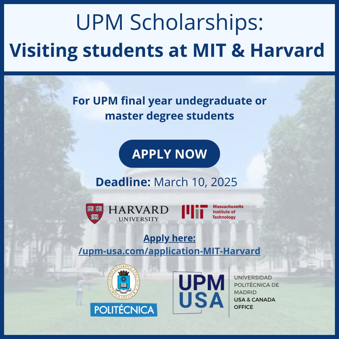 UPM Fellowships at MIT &amp; Harvard! UPM master’s &amp; final-year undergrad students can apply for short-term research stays at MIT or Harvard during 2025/26
€7,000 funding/3+ months/Deadline: March 10, 2025
Apply: upm-usa.com/application-MIT
Webinar: January 29, 2pm.
#UPM #SomosUPM