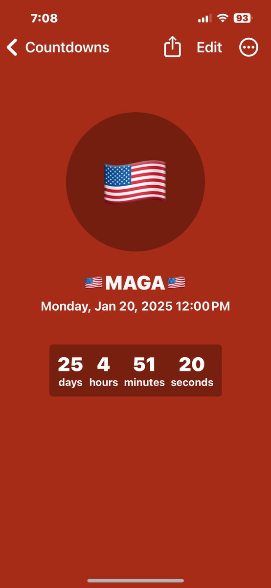 25 days 4 hr and 50 min until second Christmas!!! 

But who’s counting?

25 days left until 🇺🇸MAGA🇺🇸! Check it out:  thecountdown.app/to?title=%F0%9…