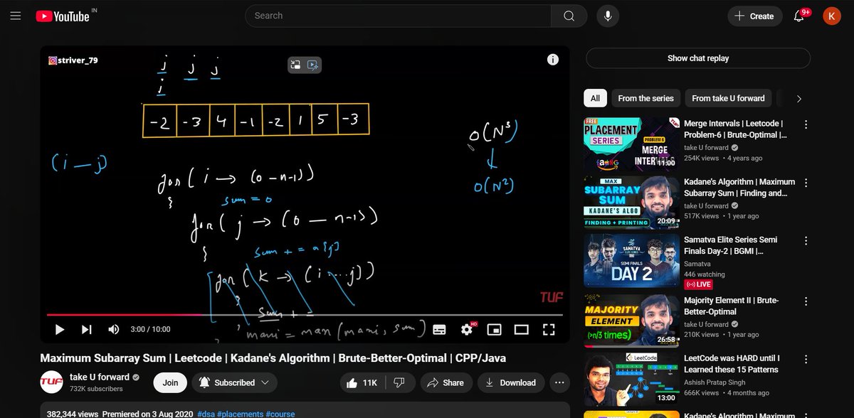 boringCoderaf's tweet image. Delved deep into Kadane's Algorithm for finding the maximum subarray sum, along with all its variations and approaches taught by @striver_79 bhaiya. His detailed explanations make problem-solving so much easier! 🚀 #DSAProgress #KadanesAlgorithm #StriversA2ZDsa