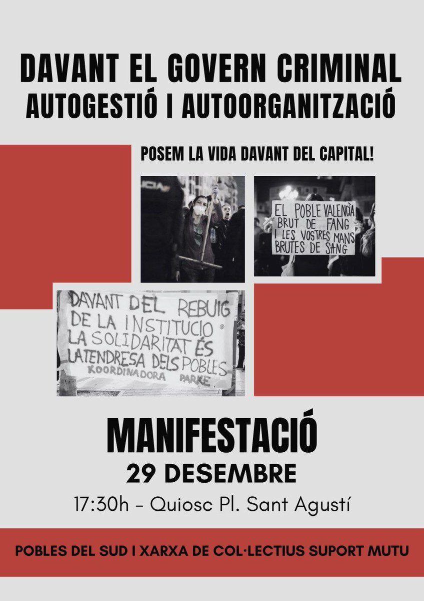 𝐋𝐀 𝐕𝐈𝐃𝐀 𝐀𝐁𝐀𝐍𝐒 𝐐𝐔𝐄 𝐄𝐋 𝐂𝐀𝐏𝐈𝐓𝐀𝐋❗

🗓️29 de desembre a les 17.30h
📍 Plaça de Sant Agustí

#MazónALaPresó #SuportMutu