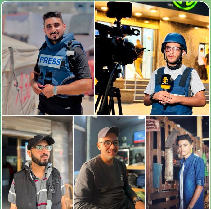 Another war crime in Gaza! Five Palestinian journalists of Quds TV killed by the IDF outside Al-Awdah hospital, Nuseirat refugee camp in their vehicle clearly marked “Press”. They were Fadi Hassouna, Ibrahim Al-Sheikh Ali, Mohammed Al-Ladah, Faisal Abu Al Qumsan and Ayman Al-Jadi