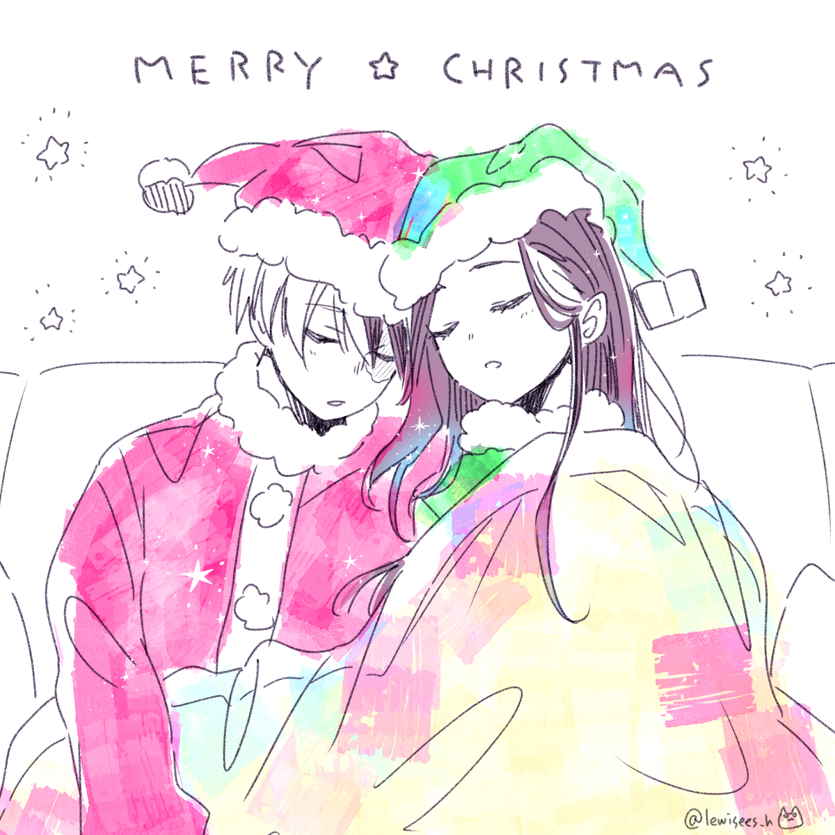 【クリスマス】／轟百 #轟百プチお題
A組クリパの後にいつの間にか寄り添って眠ってしまっていた轟百ﾁｬﾝ　これで付き合ってないのバグだろ…とみんな静かにニコニコ見ている