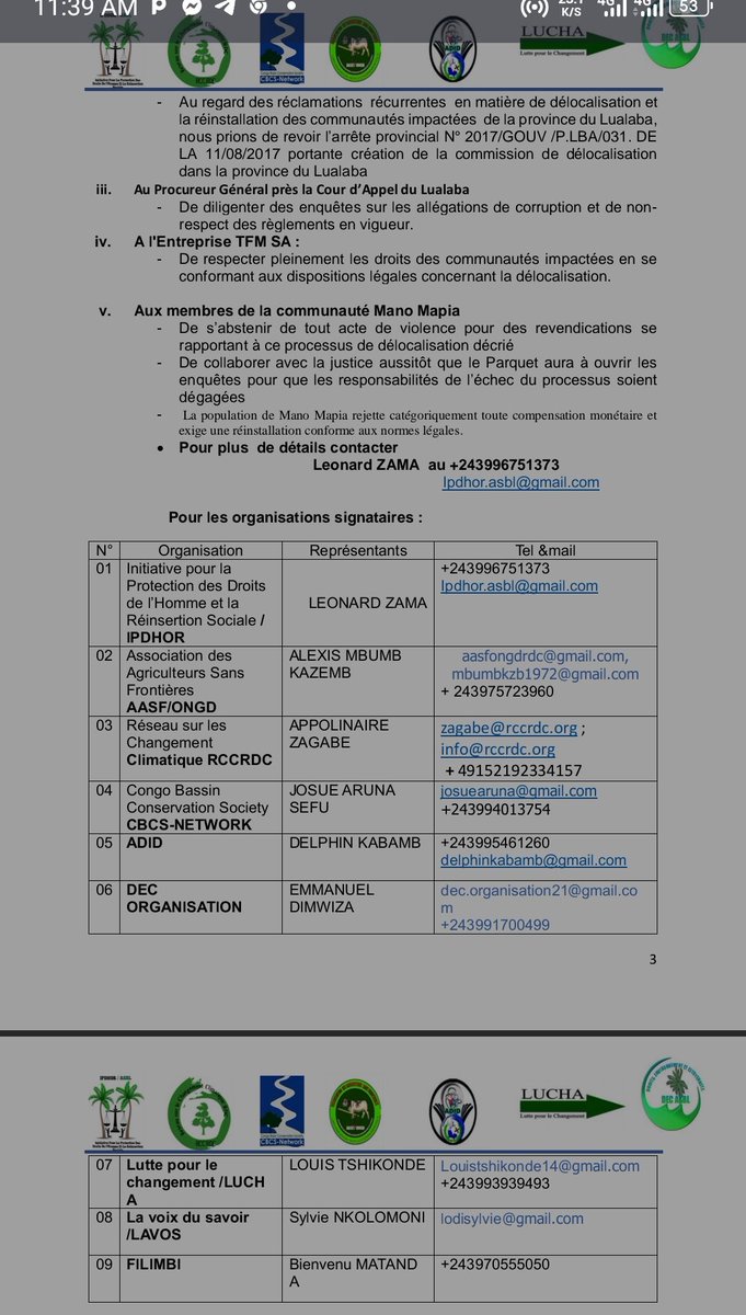 Communiqué de presse Conjoint  des ONG  environmentales  denoncent  la situation  de MANO MAPIA ."La communauté du bloc Mano Mapia victime d'une arnaque à ciel ouvert dans le processus de délocalisation initiée par TFM