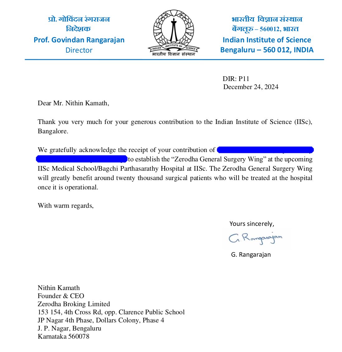 Nithin0dha's tweet image. It&apos;s been a year since my dad passed away. On this occasion, my mom, @nikhilkamathcio, Seema, and all of us at @zerodhaonline are proud to help set up the upcoming IISc Medical School/Bagchi-Parthasarathy Hospital in his memory.