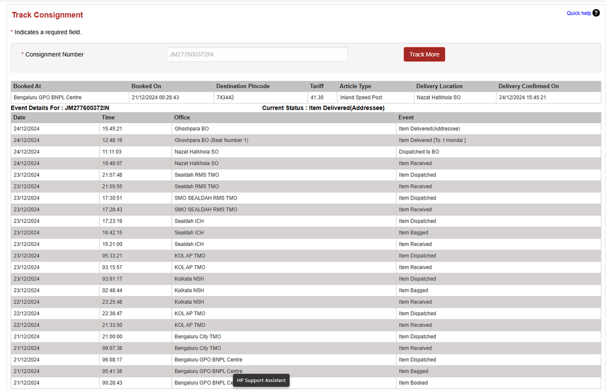 itdivmondal's tweet photo. Consignment no. JM277600372IN is not delivered till now, still showing deliverd on 24 December by Ghoshpara BO ( Beat no. 1) , Pin - 743442 in portal
@IndiaPostOffice @wbpostalcircle https://t.co/9fXkhzTsLx