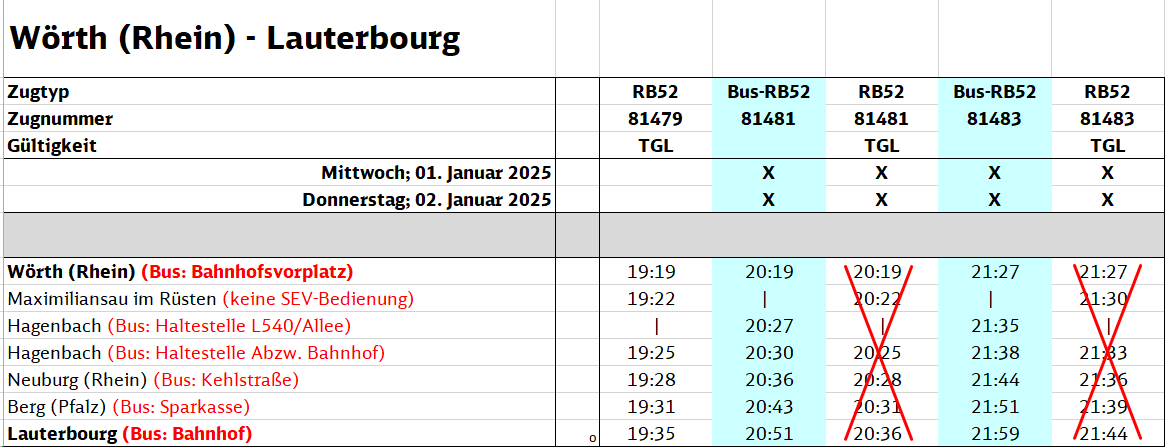 Regio_Mitte's tweet photo. #RB52 Vorankündigung: Vom 01.01.-02.01.2025 finden #Bauarbeiten zwischen #Wörth <> #Lauterbourg statt. 
Es kommt zu geänderten Fahrzeiten, #Umleitungen, #Haltausfällen, #Teilausfällen und #Ersatzverkehr.
Bitte informieren Sie sich frühzeitig im Internet. https://t.co/TWQHbzpptb