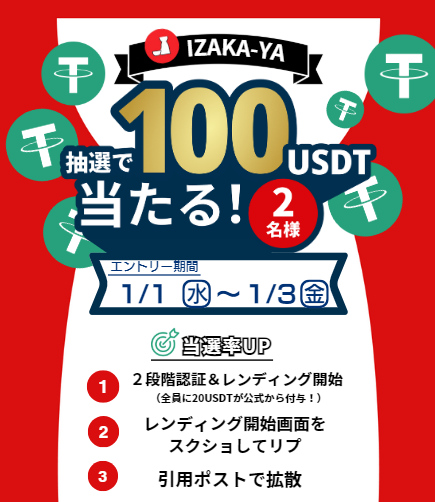 ✨新春特別キャンペーン✨

年利20%で話題の「IZAKA-YA」とコラボ。100USDTを2名様にプレゼント。私からのお年玉です！

【手順】
①いいね＆RT
②リンクから登録👇
app.izakaya.tech/team_invite/re…
③「登録」とリプ

既に登録済みでもOK。運用すれば全員20USDT付与。当選UPの方法は画像に記載。👇
