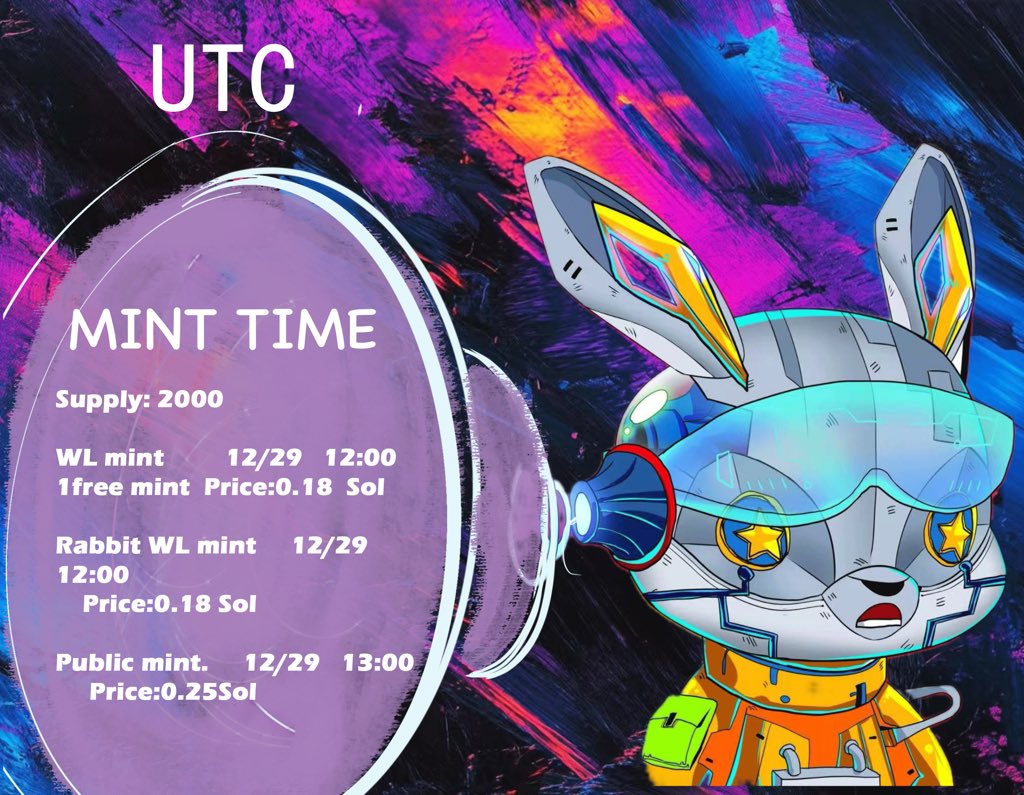 Supply: 2000

WL mint         12/29   12:00
1 free mint  Price:0.18 Sol 

Rabbit WL mint     12/29  12:00
Price:0.18 Sol 

Public mint     12/29   13:00
Price:0.25 Sol

Please go to the website to check whether to add
launchmynft.io/sol/12376

#NFT #Mint #SolanaNFTs #Rabbit