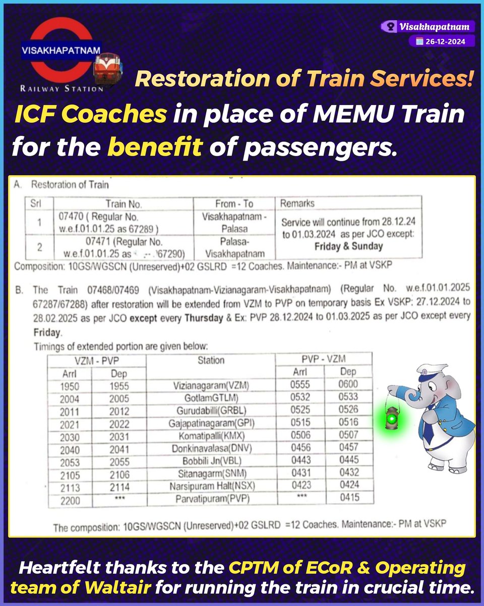 <a href="/Eswararao2517/">❤Indian Rail Lover❤🚂🚋🚃🚋🚃🚋🚃❤</a> <a href="/Visakhavaasi/">Anonymous🍥</a> <a href="/Chikudasji/">Chiku Das, Social Worker (Sabka Das- Chiku Das)</a> <a href="/_Waltair2911/">Random Guy</a> <a href="/shark_mendy/">VIZAG For ALL</a> <a href="/GopiKishorRaja2/">GopiKishorRaja</a> <a href="/VSKPJn/">Visakhapatnam Rail Users</a> <a href="/rail_fan_vskp/">Karun Induri-A Rf From VSKP🙏</a> <a href="/drmvijayawada/">Vijayawada Division</a> <a href="/vizaginsight/">Vizag Insight</a> <a href="/Karthikjillella/">🅹🅺 ☯</a> <a href="/13Irvamsi/">RAGHUVAMSI_2002 🚄</a> @raildhaba <a href="/EastCoastRail/">East Coast Railway</a> <a href="/ravitejak07/">Raviteja</a> <a href="/GMSERAILWAY/">GM/SER</a> <a href="/SCRailwayIndia/">South Central Railway</a> <a href="/RailMinIndia/">Ministry of Railways</a> <a href="/AshwiniVaishnaw/">Ashwini Vaishnaw</a> <a href="/VizagPanda/">VizagPanda</a> <a href="/eswarkanchu/">Eswar Kanchumurthi</a> <a href="/katam_ss/">Katam SS Chandra Rao</a> <a href="/UttamChakram/">సర్వే సంతు నిరామయాః</a> <a href="/CapitalofAndhra/">Vizag - True Capital of Andhra Pradesh</a> <a href="/VizagBrand/">#BrandVizag</a> <a href="/jinxed_jiggler/">Srinath Tudu</a> <a href="/saptagiriulaka/">Saptagiri Ulaka</a> <a href="/Odisha_Stories/">Odisha Stories</a> <a href="/odisha_tourism/">Odisha Tourism</a> <a href="/SWRRLY/">South Western Railway</a> <a href="/BJP4Andhra/">BJP ANDHRA PRADESH</a> <a href="/RailwaySeva/">RailwaySeva</a> <a href="/narendramodi/">Narendra Modi</a> <a href="/GVLNRAO/">GVL Narasimha Rao</a> <a href="/BJP4India/">BJP</a> <a href="/kishanreddybjp/">G Kishan Reddy</a> <a href="/drmsecunderabad/">DRM Secunderabad</a> <a href="/drmhyb/">Hyderabad Division</a> <a href="/PMOIndia/">PMO India</a> <a href="/DRMKhurdaRoad/">DRM KhurdaRoad</a> <a href="/DRMSambalpur/">DRMSambalpur</a> <a href="/DarshanaJardosh/">Darshana Jardosh</a> <a href="/DRMWaltairECoR/">DRMWALTAIR</a> <a href="/drmgtl/">DRM Guntakal</a> <a href="/BHK08/">Karthik</a> <a href="/sidelowerberth/">Daniel</a> <a href="/drmgnt/">Guntur Division</a> Good News to Passengers!!
Restoration of train services with ICF Rake.

Thank you very much to all the concerned persons who were involved &amp; decided to run the train for the benefit of passengers. Waltair Division once again proved that it's committed to serve its passengers ❤️❤️