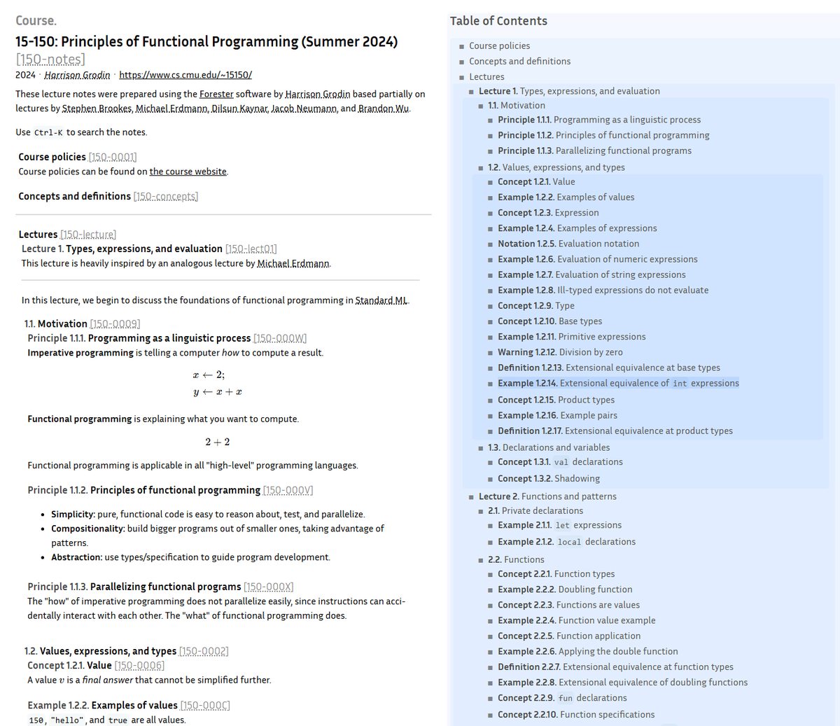 trazumin's tweet image. Lecture notes for "CMU 15-150: Principles of Functional Programming" written in evergreen notes.