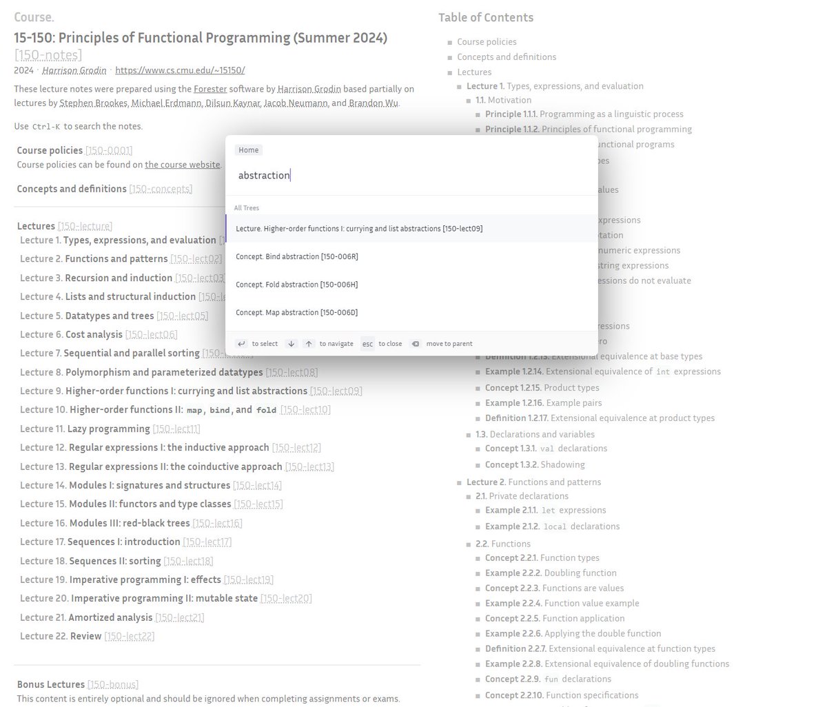 trazumin's tweet image. Lecture notes for "CMU 15-150: Principles of Functional Programming" written in evergreen notes.