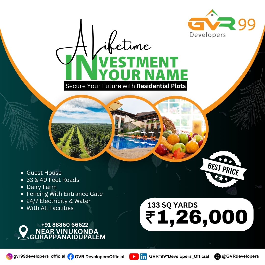 GVRdevelopers's tweet image. Invest in more than just land—secure your future with premium residential plots from GVR 99 Developers.

📞 Book your plot today: +91 88860 66622

#GVR99Developers #LifetimeInvestment #ResidentialPlots #SecureYourFuture #DreamHome #LandInvestment #RealEstateOpportunity