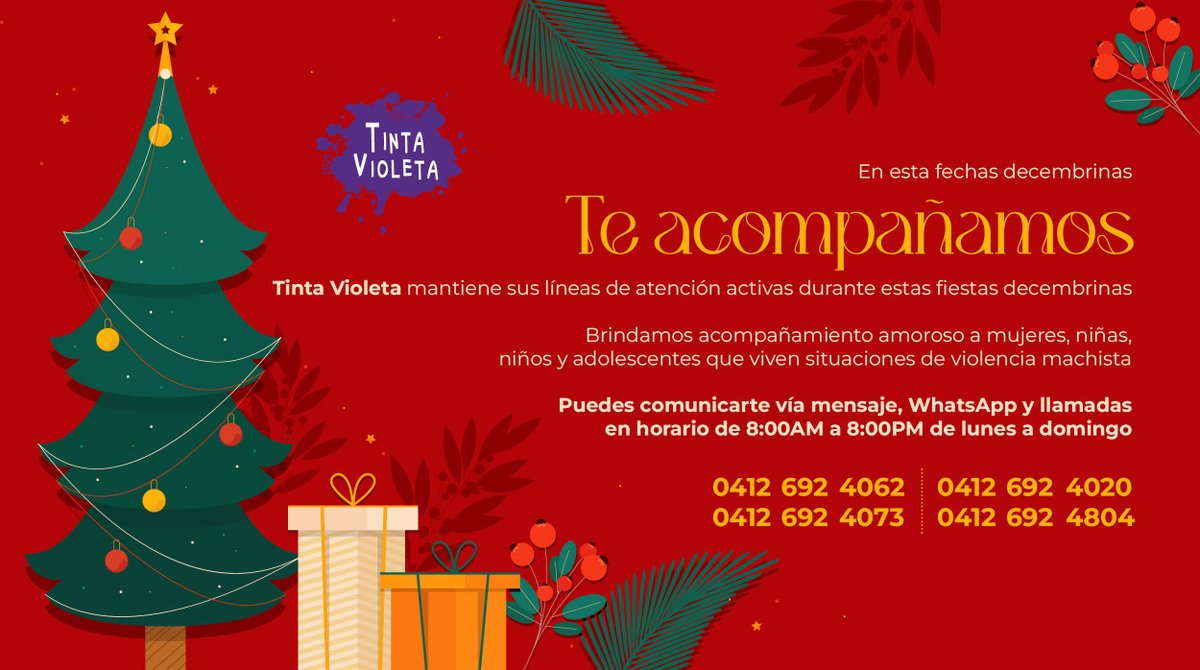 🌲 En Tinta Violeta seguimos activas durante las fiestas decembrinas. Nuestras líneas de atención telefónica estás disponibles de lunes a domingo.

📲 Por SMS, WhatsApp y llamadas
⏰ De 8 am a 8 pm
🆓 Servicios gratuitos

Brindamos acompañamiento amoroso los 365 días del año 📆