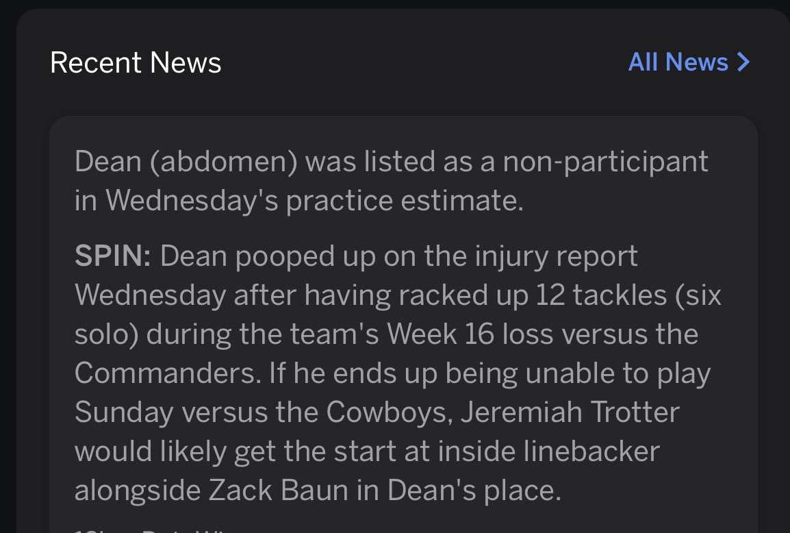 Tough injury report for <a href="/NakobeDean/">Nakobe Dean🔝🔜</a> of the <a href="/Eagles/">Philadelphia Eagles</a>. 

Appears abdominal issues have lead to “pooping up”. Have to hope the team can pump some pepto into his system to get him ready for this weekend.