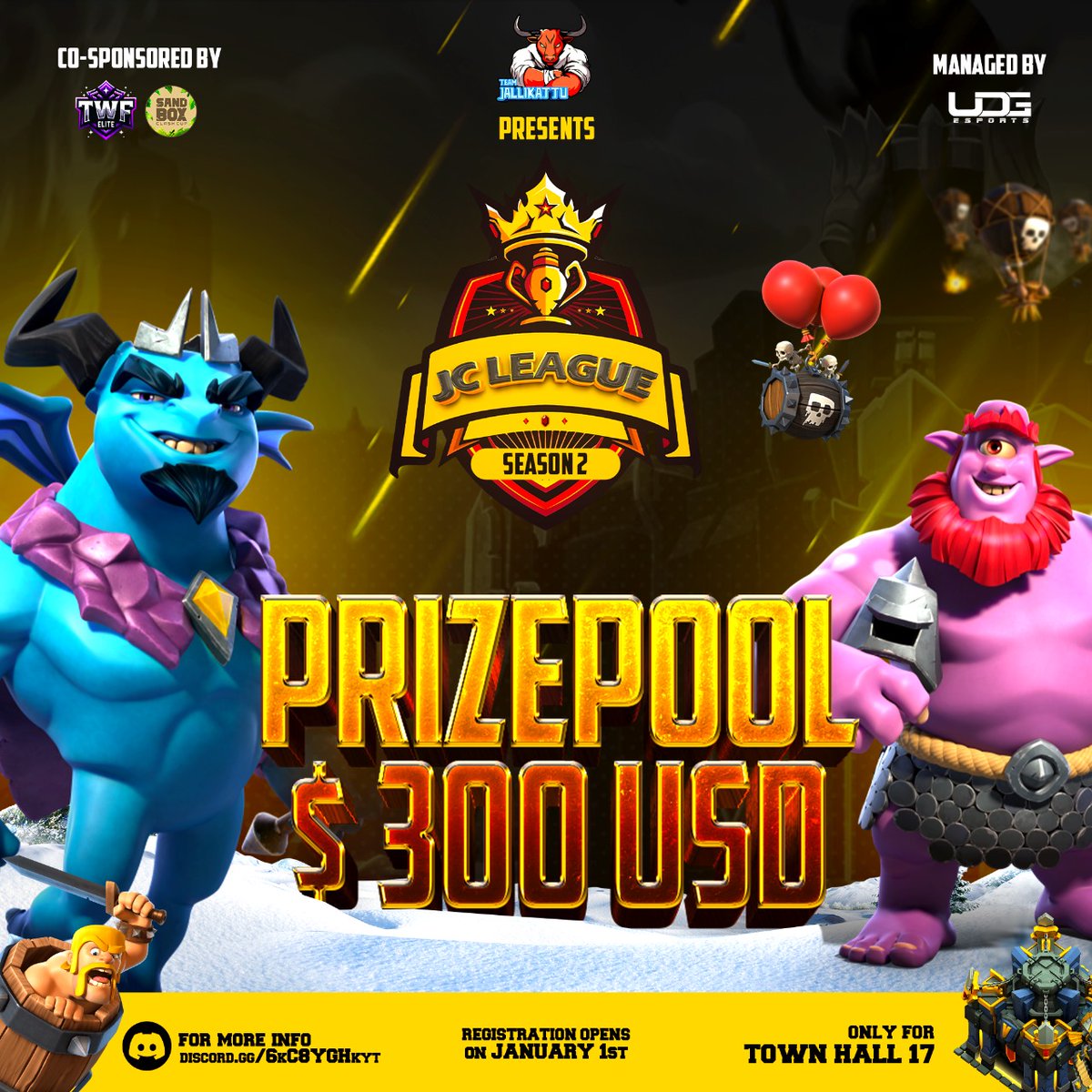 TeamJallikattu's tweet photo. Get ready, clashers!  Jallikattu Clashers League Season 2 is here with a whopping $300 prize pool! Registration opens January 1st. Don’t miss your chance to dominate Town Hall 17!  #JCLeague #ClashOn @SandboxClashCup @TWFEsports_ @esports_udg https://t.co/GooVpZ1Ueu