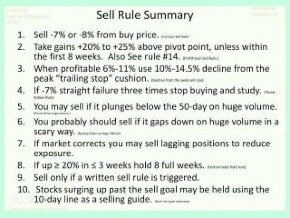 주식 매도 규칙 

1. **매수 가격에서 -7% 또는 -8%에 매도.** (전체 매도 규칙)

2. **피벗 포인트에서 +20%에서 +25% 이익 실현, 첫 8주 내일 경우 제외.** (피벗 이익 매도 규칙)

3. **수익이 6%-11%일 때, 10%-14.5% 하락 시 '트레일링 스탑' 사용.** (하락 시 매도)

4. **-7% 연속 실패 시 매수