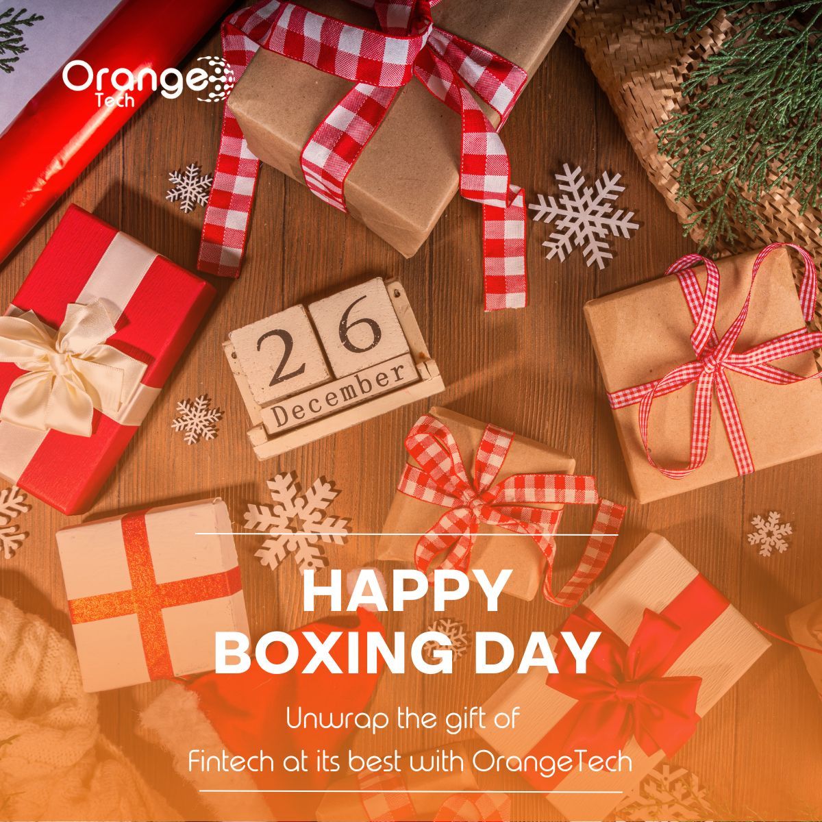 WeAreOrangeTech's tweet image. Happy Boxing Day from OrangeTech! 🎁
Continue the giving spirit with our financial solutions. Experience fast transactions, smart savings, and money optimization tools. Thank you for trusting us.#OrangeTech #EmpoweringConnections #FintechForYou