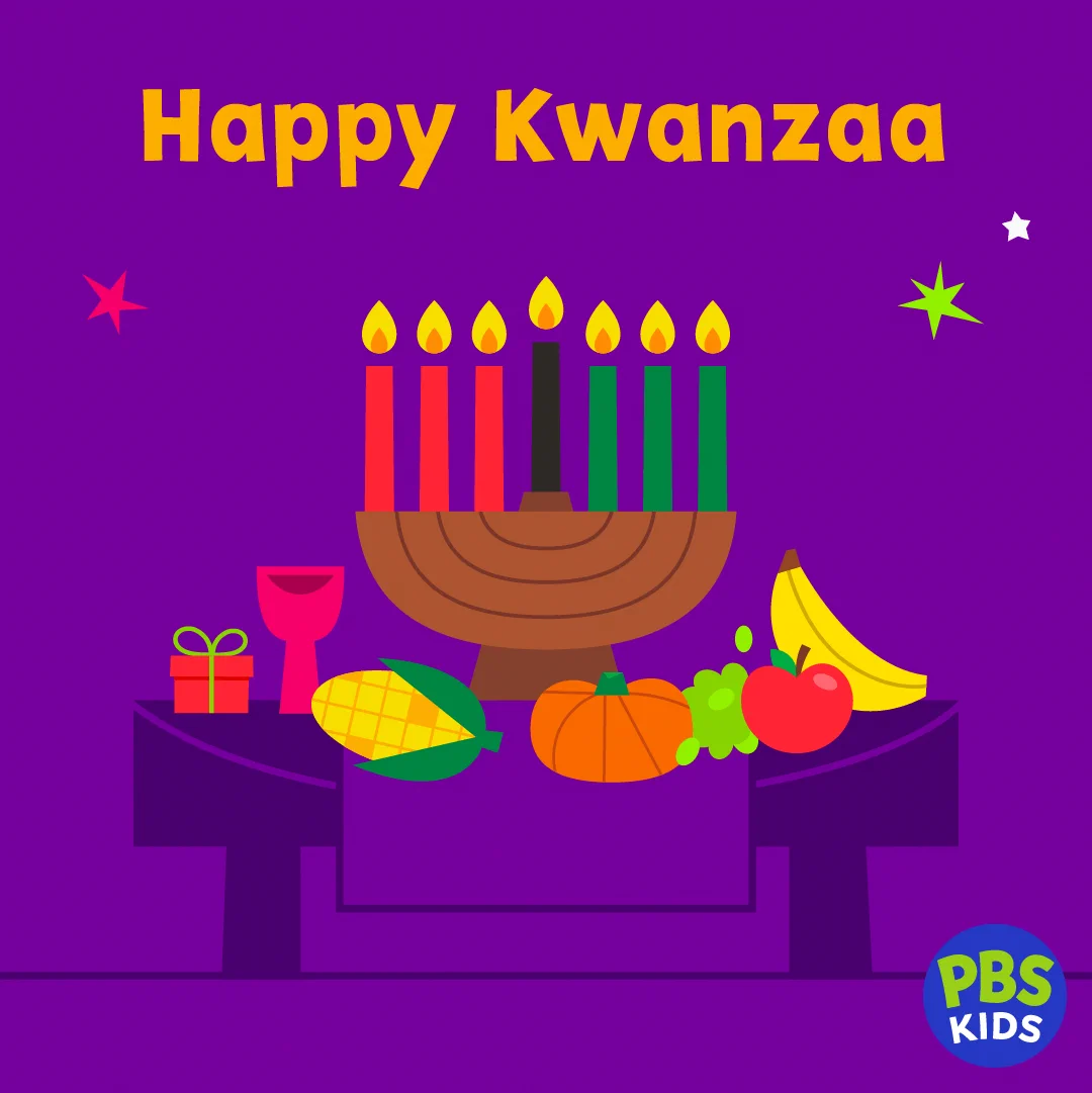 Happy Kwanzaa" greeting with a Kinara featuring seven lit candles, surrounded by fruits, a gift, and a cup, against a purple background with the PBS Kids logo.