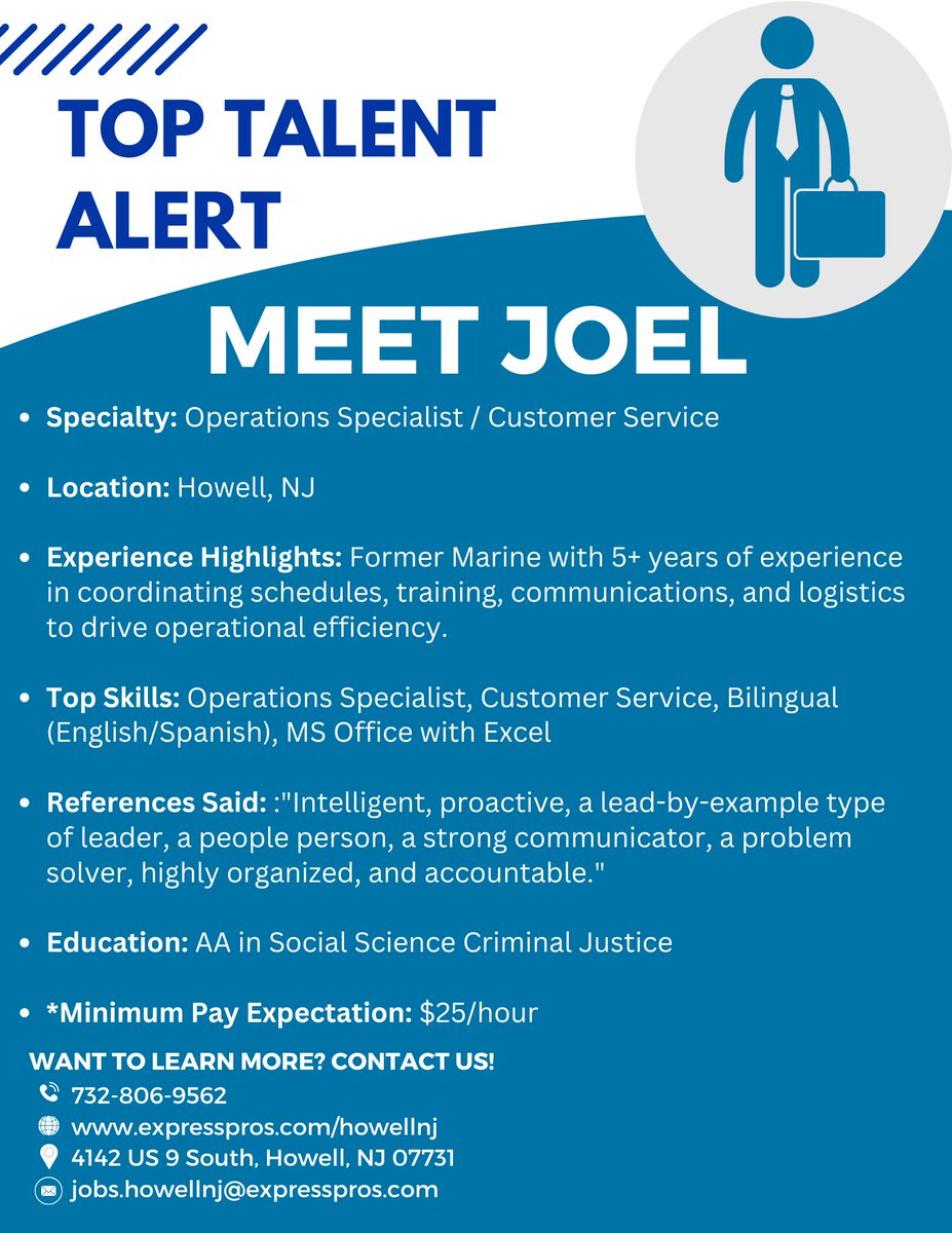 expresshowellnj's tweet image. Meet Joel! An experienced Operations Specialist &amp;amp; Customer Service pro with 5+ years in logistics, bilingual (English/Spanish), and strong leadership skills. Ready to join your team! Contact us today at 732-806-9562 or jobs.howellnj@expresspros.com #TopTalent #OperationsExpert